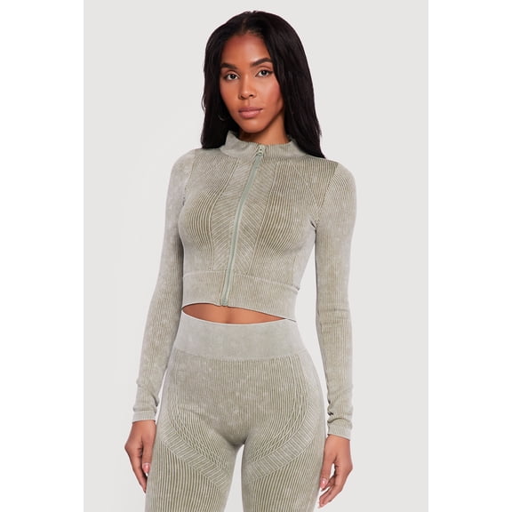 Women's Mineral Wash Ribbed Cropped Zip Front Active Jacket