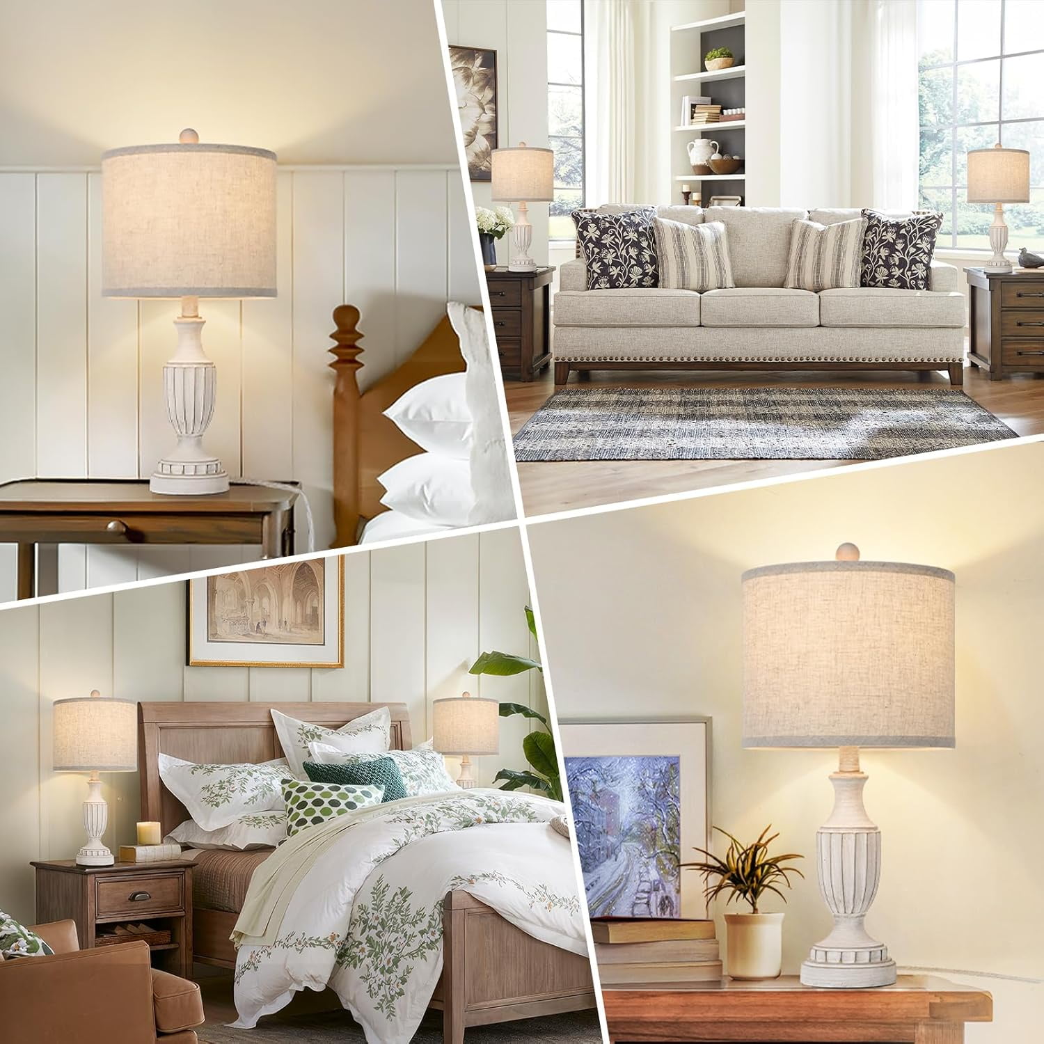 Nordic Hygge Set of 2 White Rustic Vintage Table Lamps for Living Room Bedroom