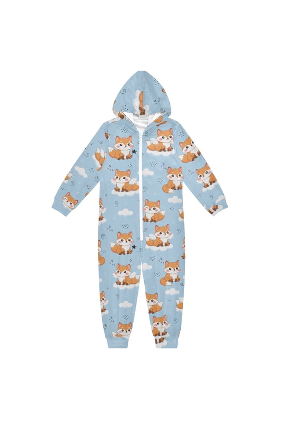 Cute Fox Pattern One Piece Pajamas Soft Jumpsuit Cozy Sleep and Play Romper Zipper and Pockets 4T