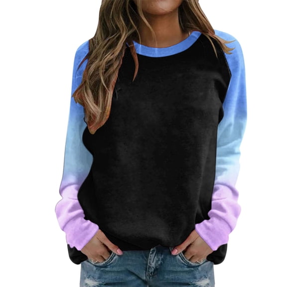 Bibifish Womens Sweatshirt Gradients Color Print Crewneck Raglan Sleeve Long Sleeve Pullover Tops Casual Loose Fit Daily Sweatshirts