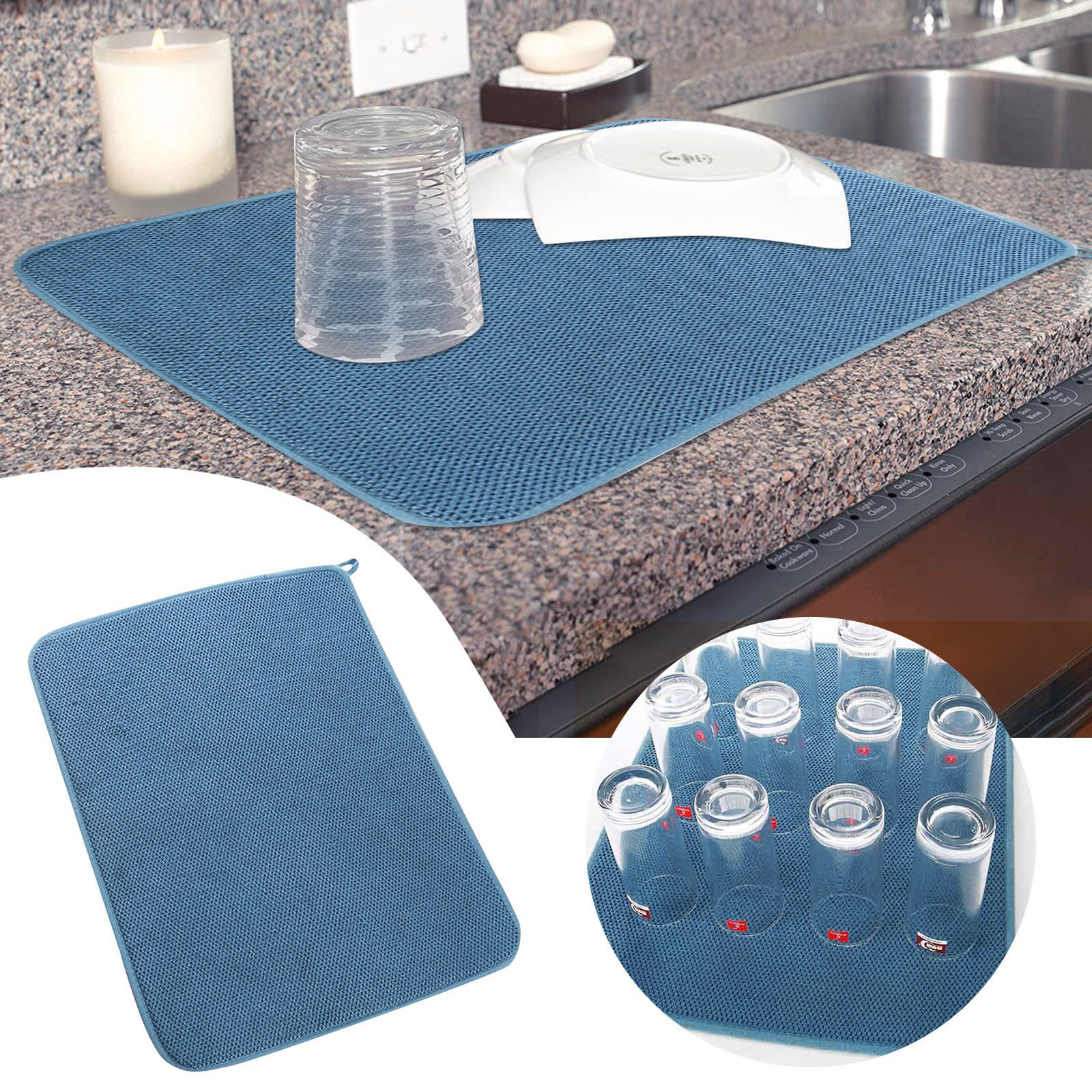 OVNVUSKG Blue Dish Drying Mat Ultrafine Fiber Absorbent Fast Drying ...