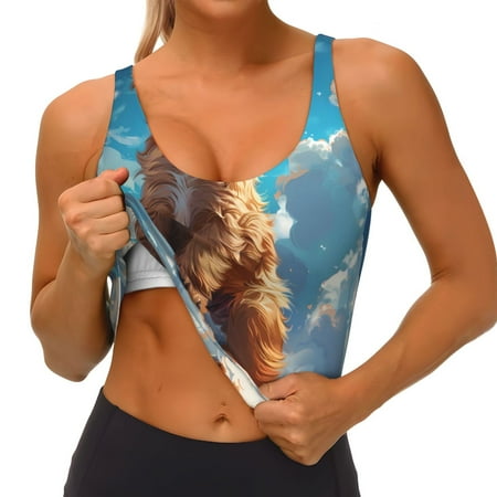 Qokaie Cartoon Cloud Puppy Pattern Womens Scoop Neck Sports Bra Breathable Workout Vest Padded U Back Medium Impact Fitness Gym Yoga Bra Workout Crop Top