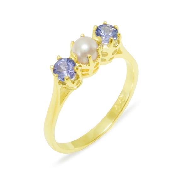 LBG British Made 9k Yellow Gold Cultured Pearl & Tanzanite Womens Anniversary Ring - 33 size options - Size 10