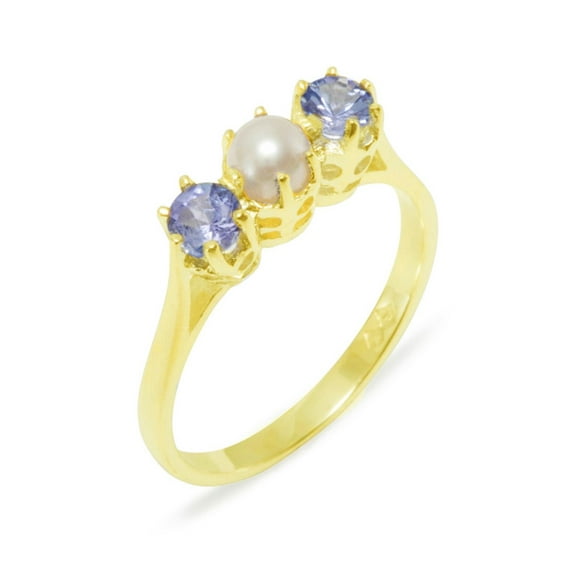 LBG British Made 10k Yellow Gold ring with Cultured Pearl & Tanzanite Womens Engagement Ring - 33 size options - Size 9.75