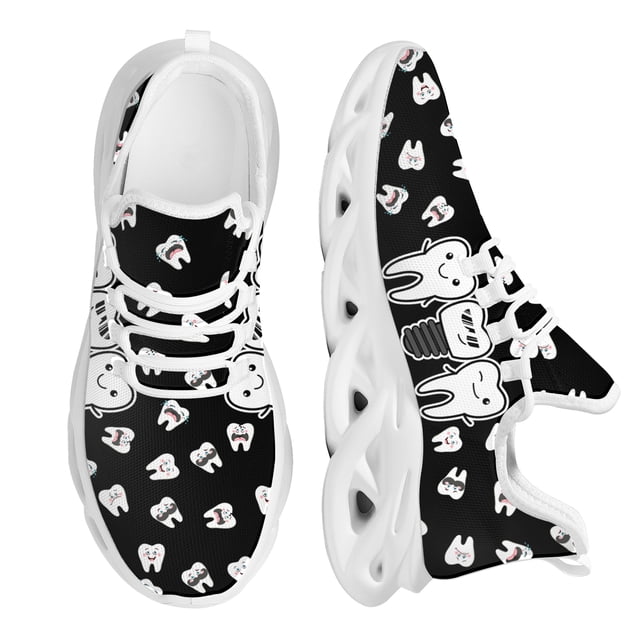 Zapatillas negras con estampado de dientes de dibujos animados para mujer, zapatos planos con cordones, zapatos de dentista, calzado transpirable de primavera para mujer