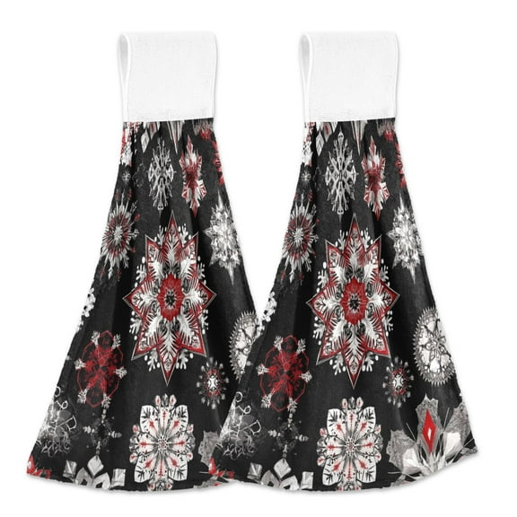 BZSMCE Hanging Hand Towels Fashion Bold Red and Black Snowflakes Pattern 2-Pack - Velcro Style Bathroom Kitchen Towels