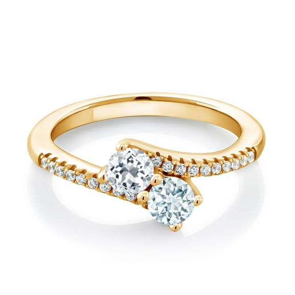 Gem Stone King 18K Yellow Gold Plated Silver White Topaz and Sky Blue Aquamarine Bypass Ring for Women (0.82 Cttw, Gemstone November Birthstone, Round 4MM, Size 9)
