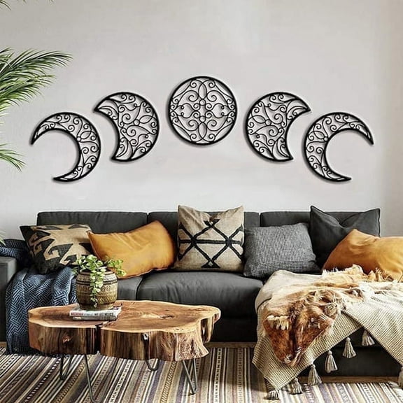 5PCS Black Moon Decoration Wall-mounted 3D Moon Phase Spiritual Bedroom Wall Decor Wood Moon Appearance Adornment Natural Design Nordic Moon Decoration for Christmas Home Decoration