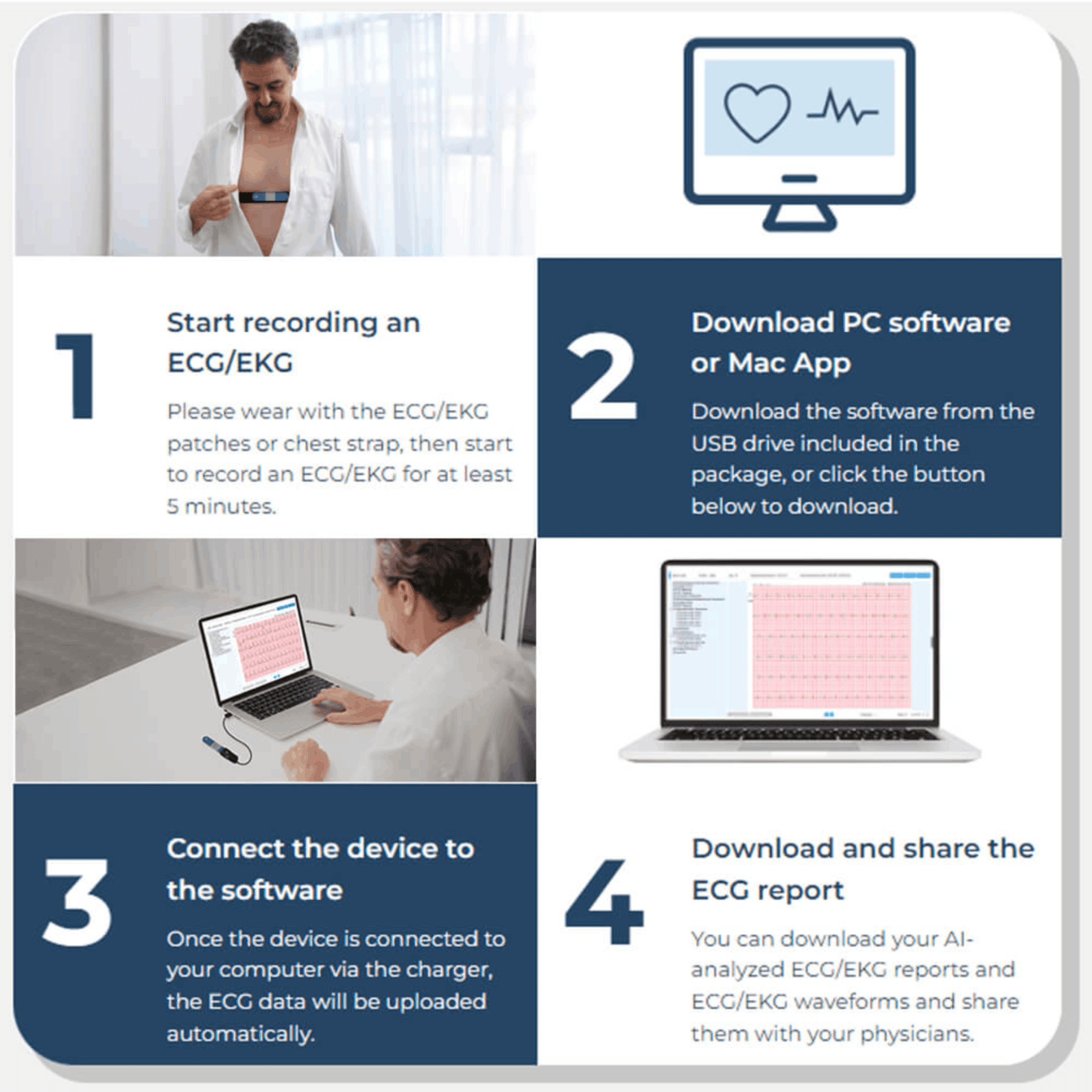 Livenpace Heart Health EKG ECG Monitor,24 Hours AI ECG Monitor with Free AI Analysis and PC Report,Home EKG Heart Health Recorder, HHM1