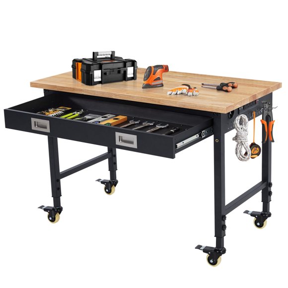 Ourlova 60" x 22" Adjustable Workbench 2000 Lbs Capacity, Rubber Wood Shop Table Heavy Duty Workstation with Drawer Table, Backplate, Metal Frame, Wood Top Workbench