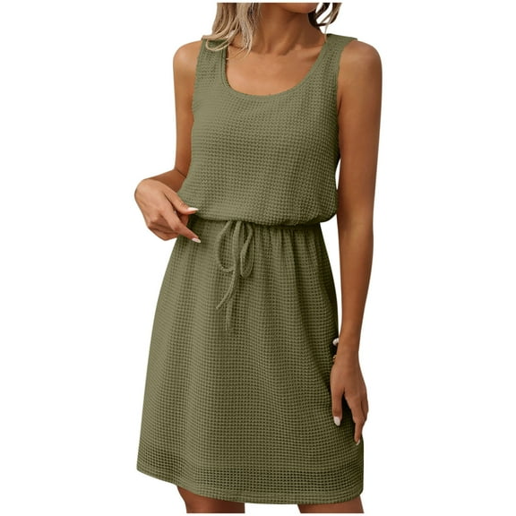 ZQUUVOU Women's Casual Dress Knit Sleeveless Waist Drawstring Summer Midi Dress Olive Green,L