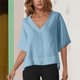 thumbnail image 2 of Suéteres para mujer,Camisa de lino con cuello en V para mujer, manga corta, corte holgado, color liso, para uso diario y en casa, sopatenor, 2 of 8