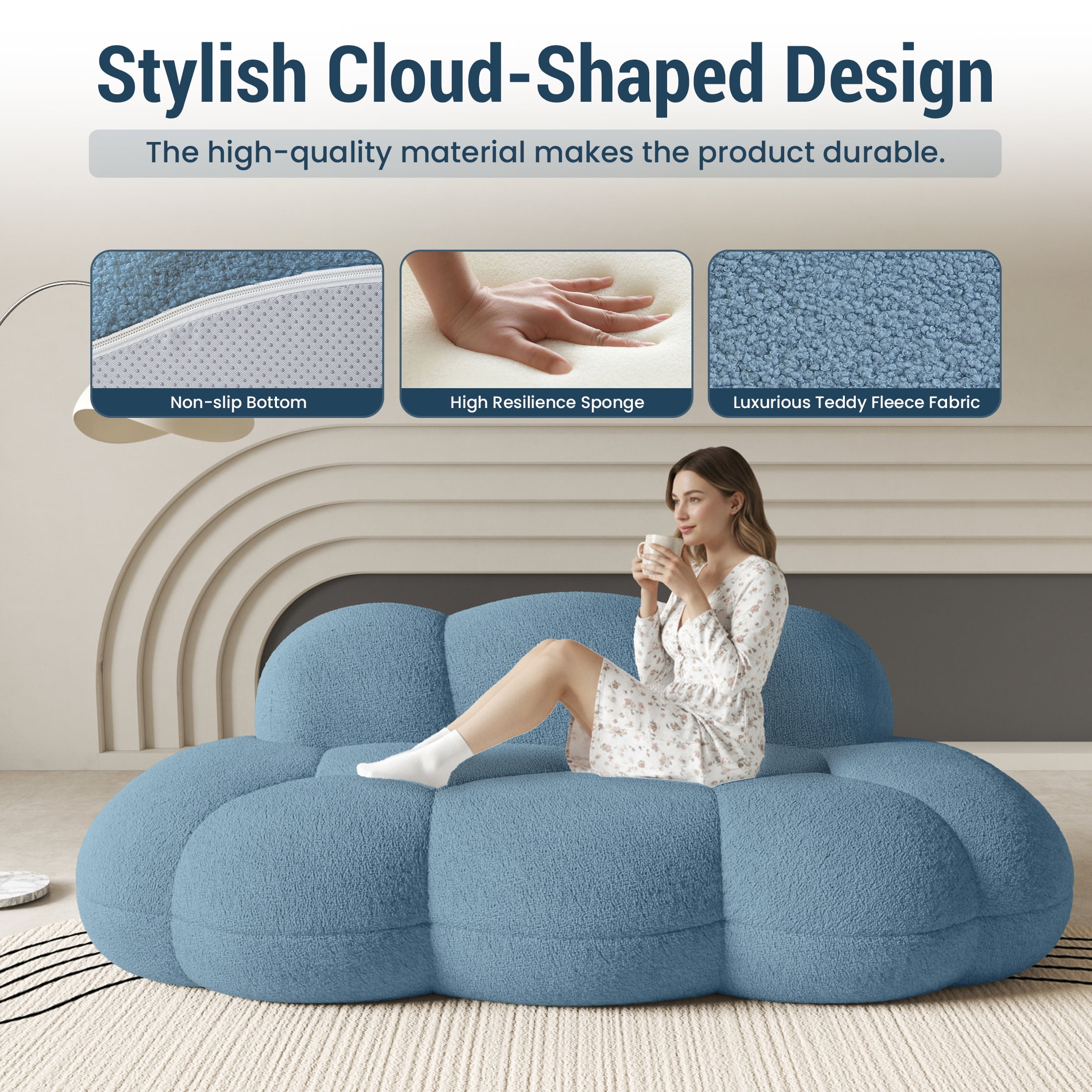 90" Modern Curved Cloud Shaped Couch for Living Room, Boucle LoveSeat 3 Seater Sofa, Upholstered Cloud Couch for Bedroom, Apartment, Small Space (Blue, No Assembly Required)