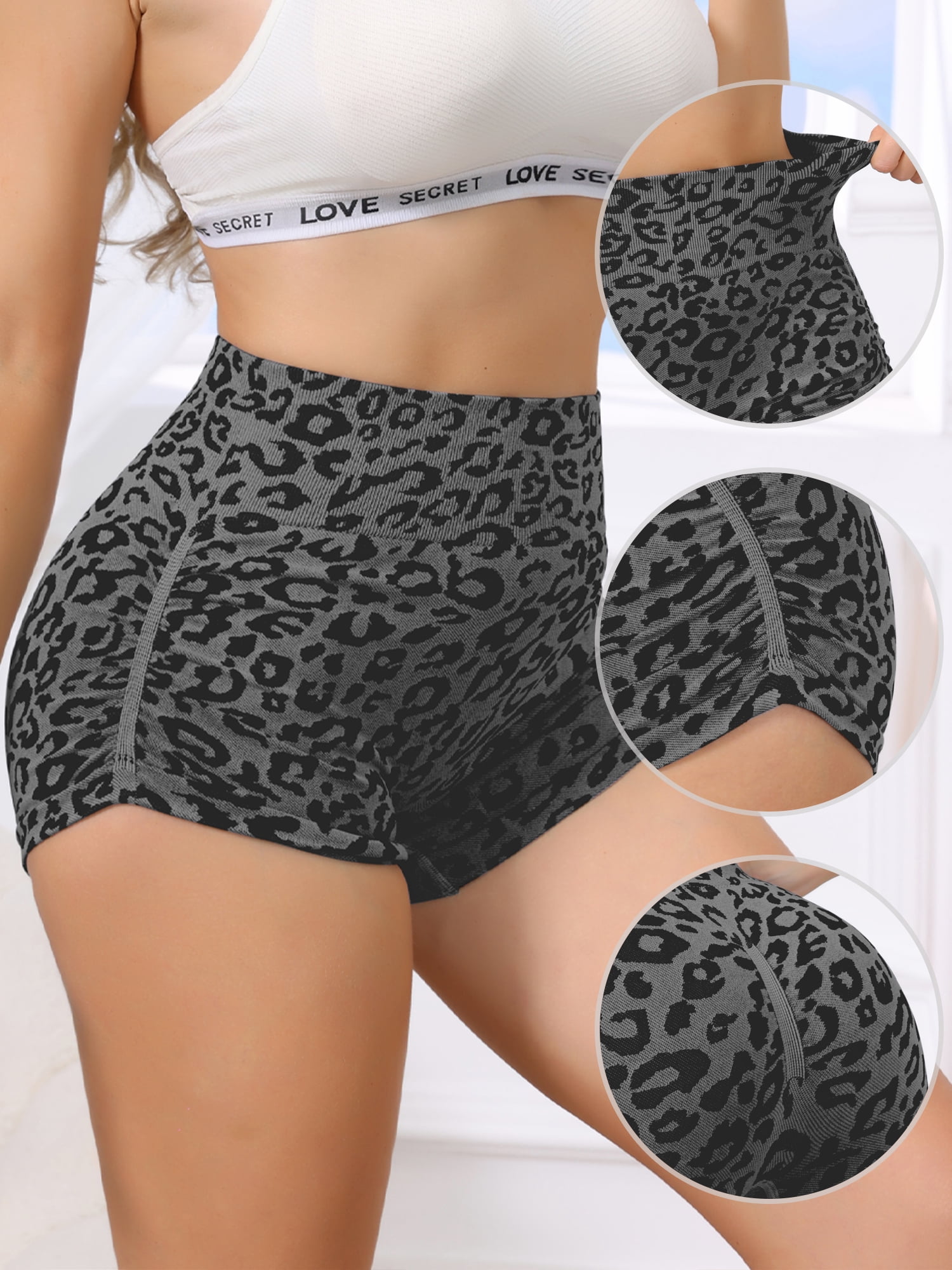 DARING DIVA Women's High Waisted Leopard Boxer Briefs Shapewear XL Balck Grey