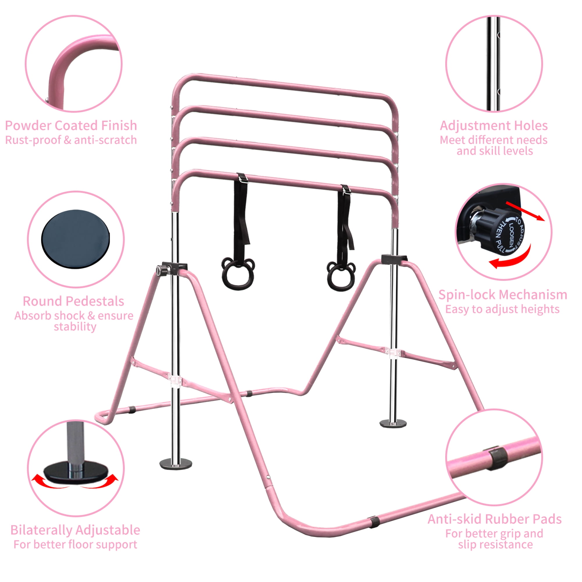 Gymnastics Bar for Kids,Adjustable Height Gymnastic Horizontal Bars with Bear Rings,Folding Junior Training Kip Bar for Kid Gymnasts, Child, Girl, Boy,Pink