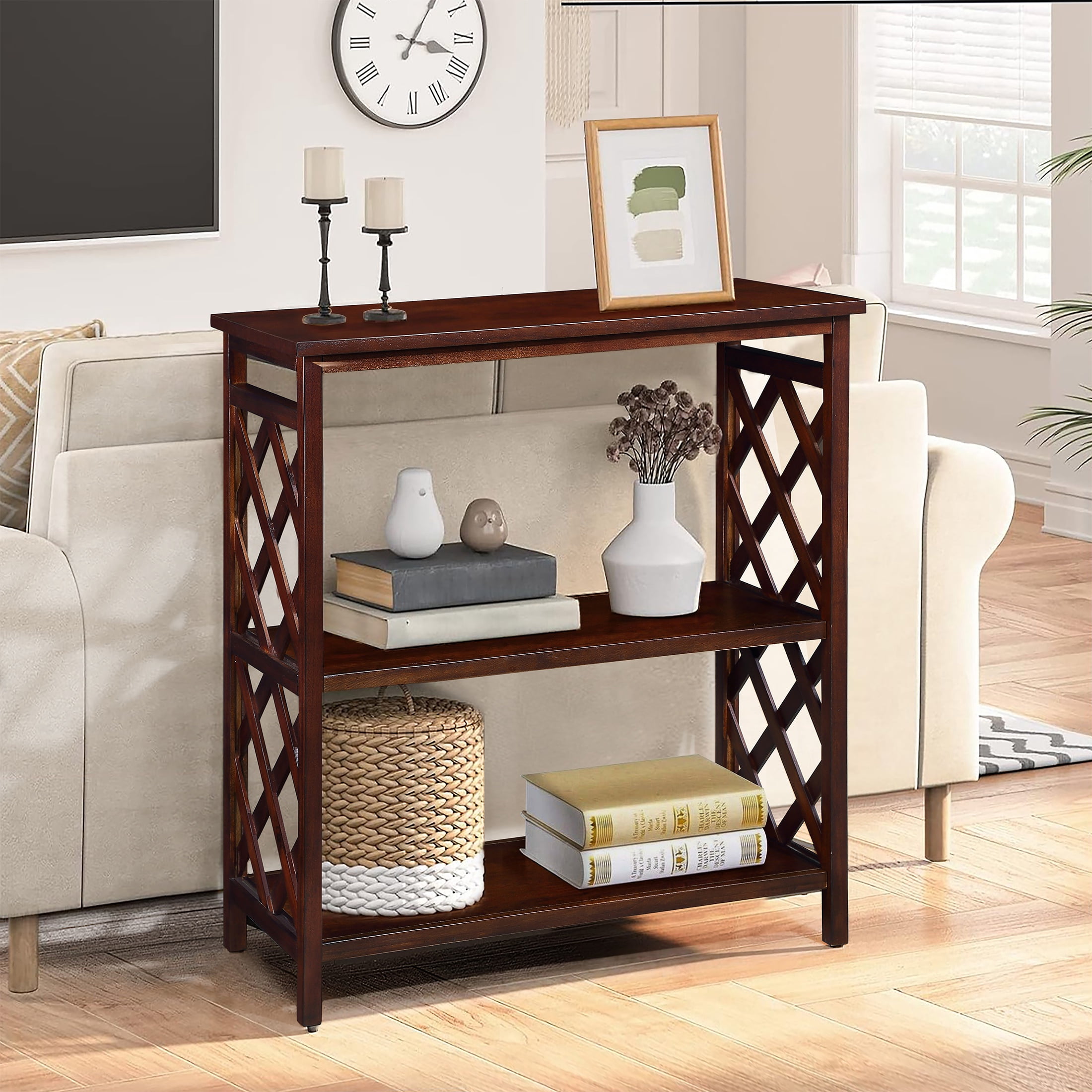 PORKISS 3-Tier Solid Wood Console Table, Entryway Table Hallway Table with Storage Shelves, Open Bookshelf Bookcase for Living Room, Foyer, Cherry