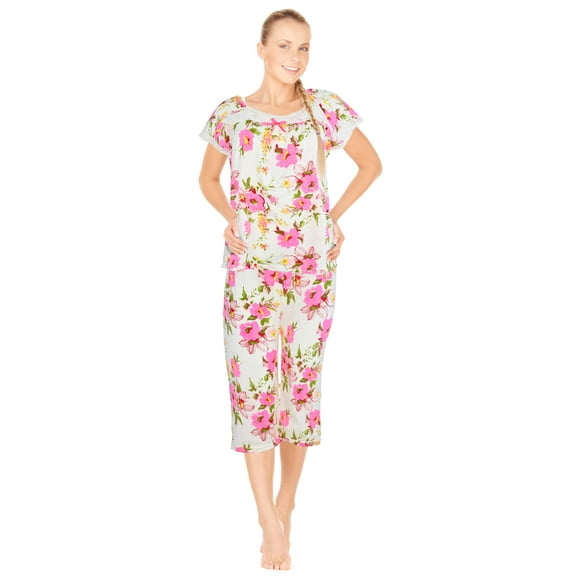 JEFFRICO Pajamas For Women Capri Set Sleepwear Soft Pajamas Short Sleeve Pajama Sleepshirt With Capri Pants
