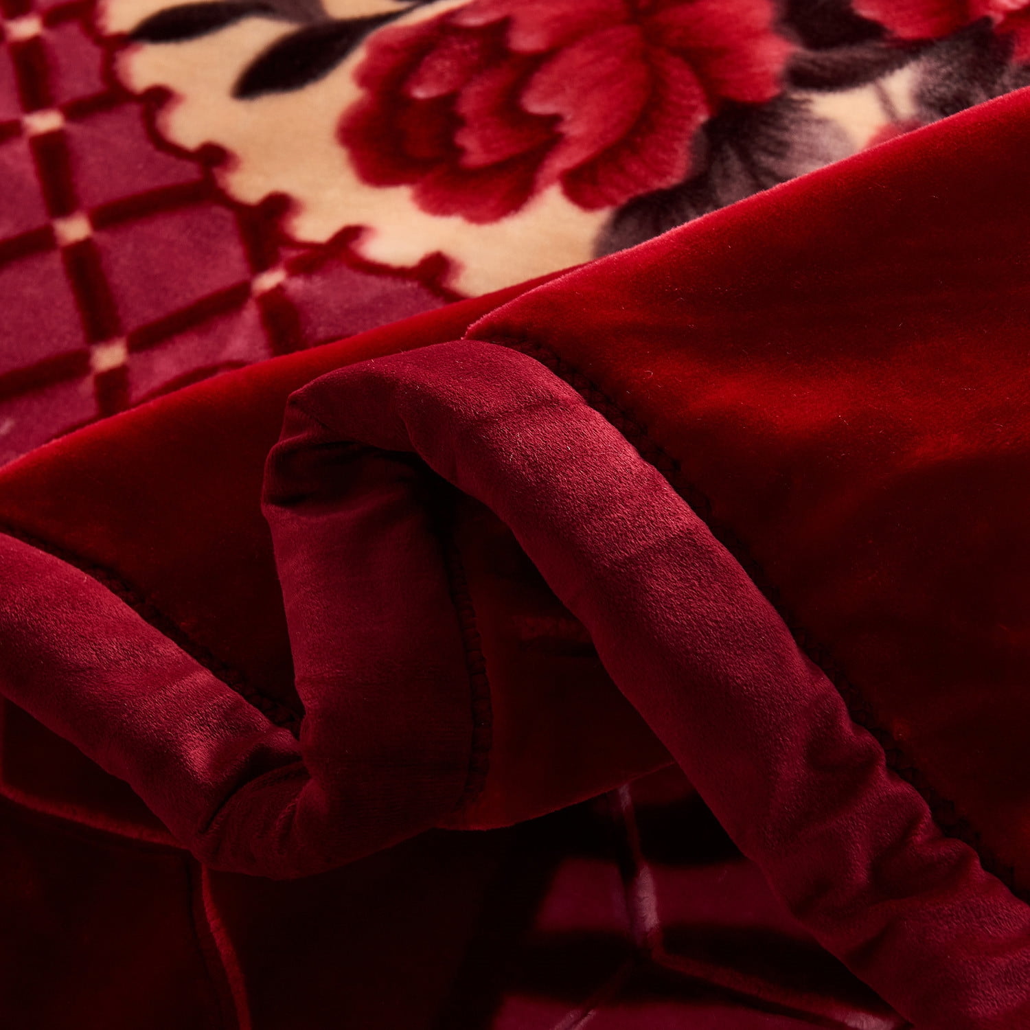 10lbs Heavy Thick A&B Pattern Blanket 2Ply Reversible - Thick Warm Plush Korean Style Bed Blanket, King Size Fleece Plush Blanket, Soft Winter Blanket For Adult 87" x 95", Burgundy Red Flower