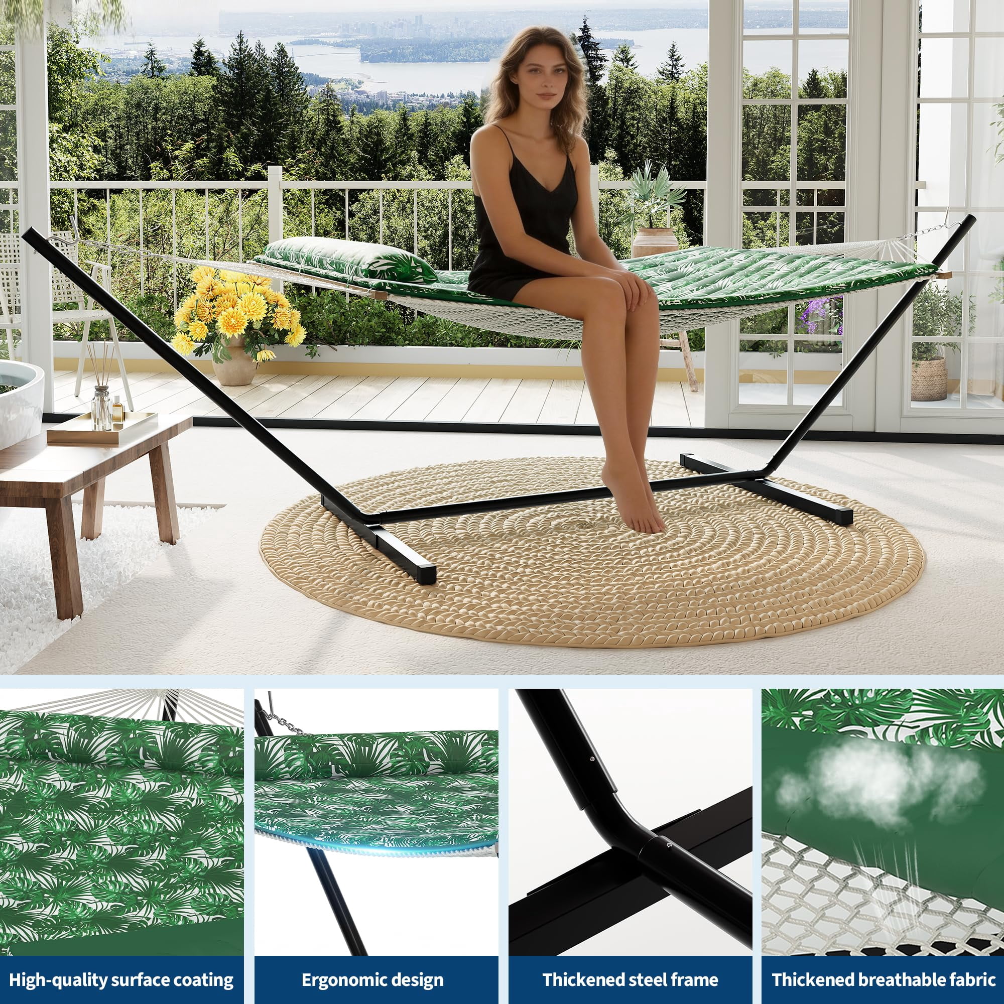 450 Lbs Capacity 2-Person Double Hammock with Stand - Portable Breathable Cotton Rope Hammock with Reversible Quilted Pad & Pillow for Patio, Garden & Camping