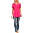 thumbnail image 3 of La nueva manga del cortocircuito del cuello del color sólido V de la camiseta de las mujeres de la m Abanopi Rosa M, 3 of 7