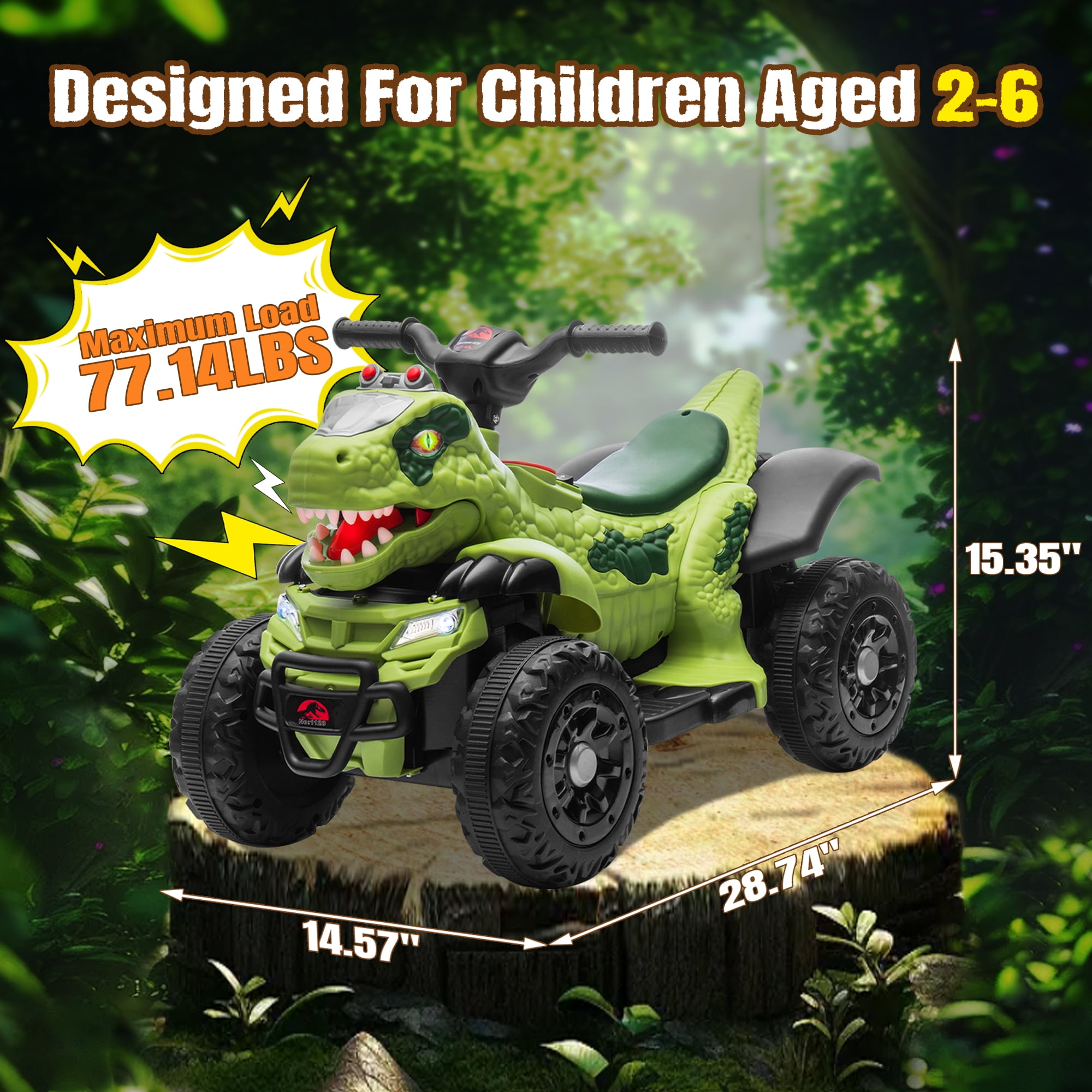 SUSIELADY 12V Kids Dinosaur Ride on ATV, Quad 4 Wheeler Dinosaur Design, Electric Ride on Toy, Music Early Education Function, Power Display, Safe Driving, Outdoor Toy for Boys Girls Aged 2-6, Green