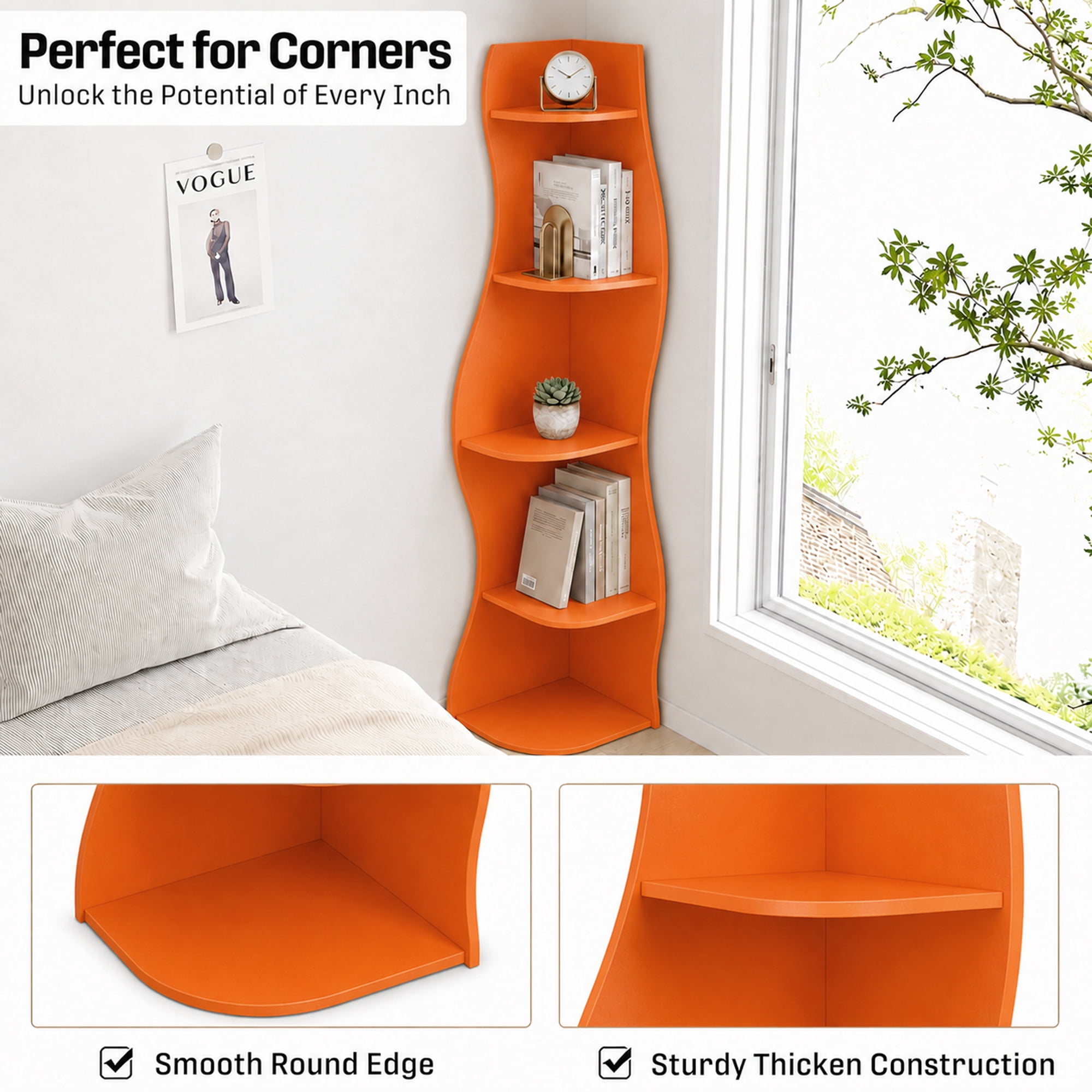 Curved Corner Shelf 3-Tier, 90° Wall-Mounted Space-Saving Storage, Waterproof High-Density Board, 5kg Per Shelf Capacity for Living Room Bedroom Bathroom