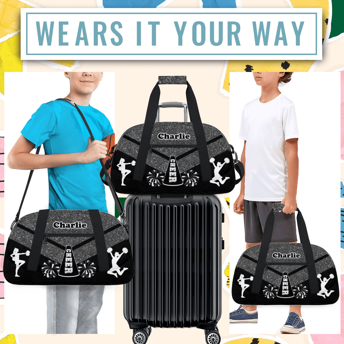 Herdesigns Personalized Cheer Duffel Bag Cheerleaders Gym Bags with Name, Custom Dance Perform Training Sport Bags for Overnight Weekender Travel Black