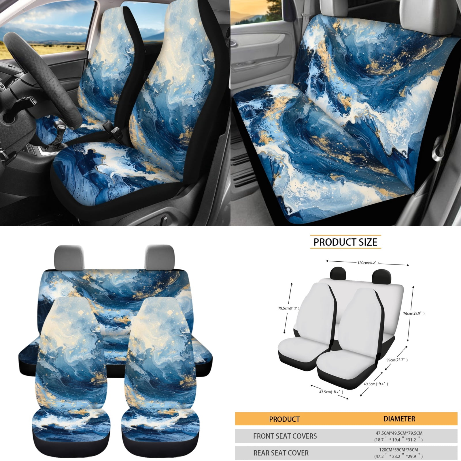 Yuyamidu Blue Marble Print Car Seat Covers Full Set of 12 Universal Front Back Seat Cover and Steering Wheel Cover Seatbelt Strap Pad Cup Holders Keychain