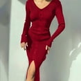 thumbnail image 3 of yillto Women Knit Dress Split Long Sleeve Ruched Slim Midi Dresses High Waist Ribbed Formal Outfits, 3 of 6