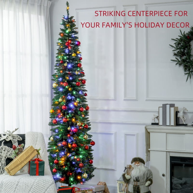 Alvantor Christmas Tree Pre-Lit Pencil with Colorful LED Lights & Steel Stand 22"x22"x96" 8ft Green