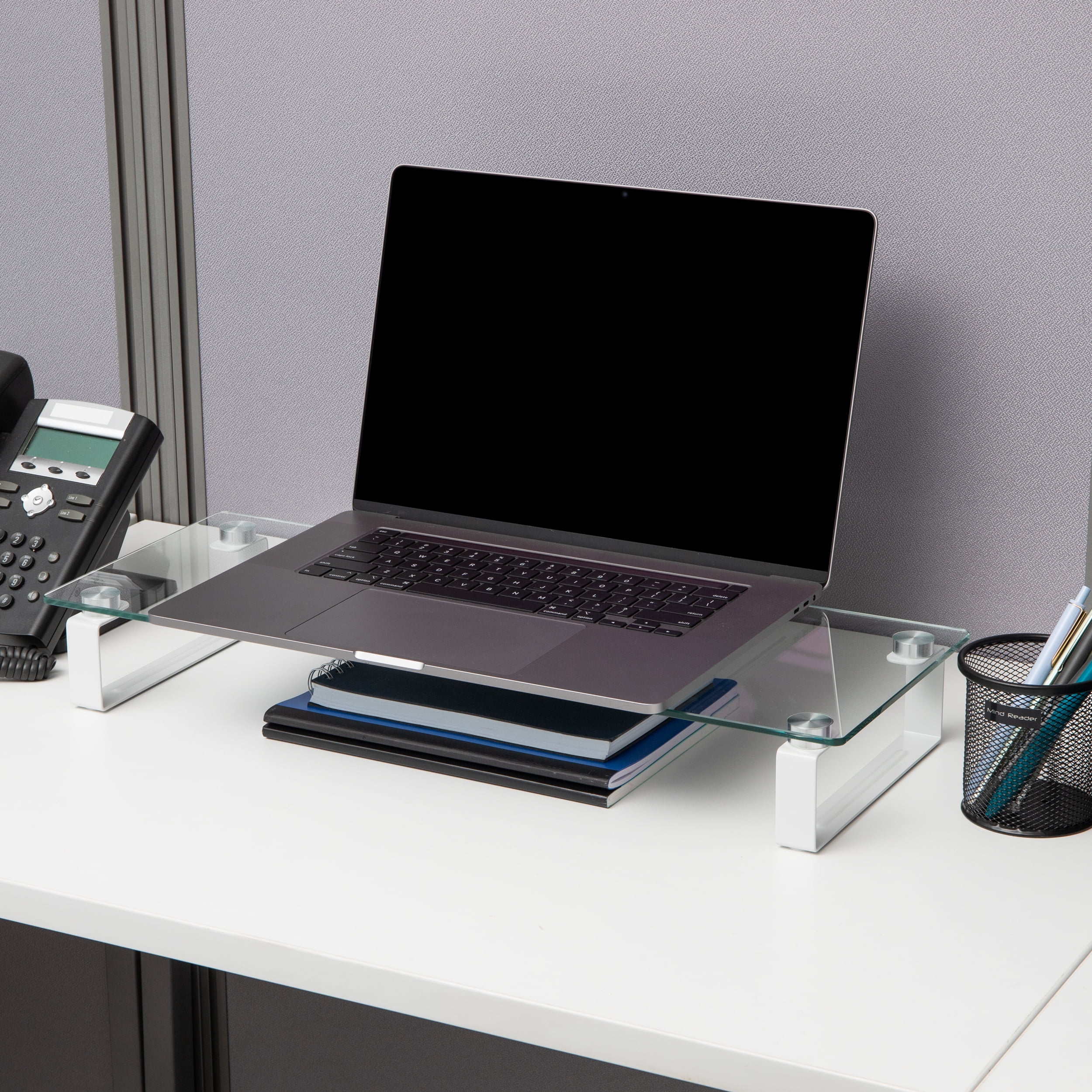 Mind Reader Monitor Stand, Contemporary, Desktop Organizer, Laptop Riser, Office, Glass, Clear