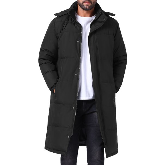 DARING DIVA Men's Full-Zip Detachable Hooded Long Quilted Puffer Jacket S Black