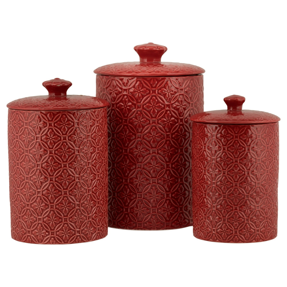 10 Strawberry Street Hampton Embossed 3 Piece Ceramic Canister Set, Red
