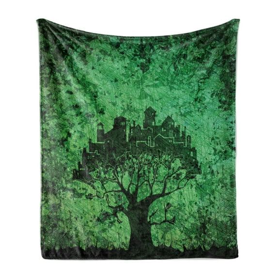 Abstract Soft Flannel Fleece Throw Blanket, City Composition Buildings Houses Town on Tree Branches Creative Monochromic Artwork, Cozy Plush for Indoor and Outdoor Use, 50" x 70", Green, by Ambesonne