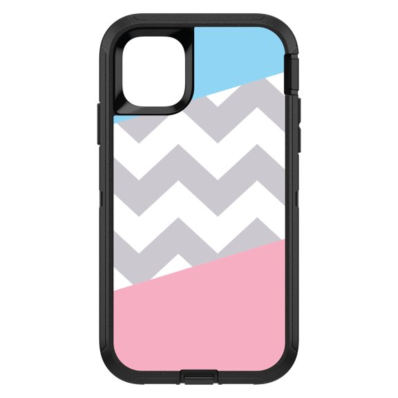 DistinctInk Custom SKIN / DECAL compatible with OtterBox Defender for iPhone 11 (6.1" Screen) - Pink Blue Block Grey Chevron - Chevron Stripes Pattern