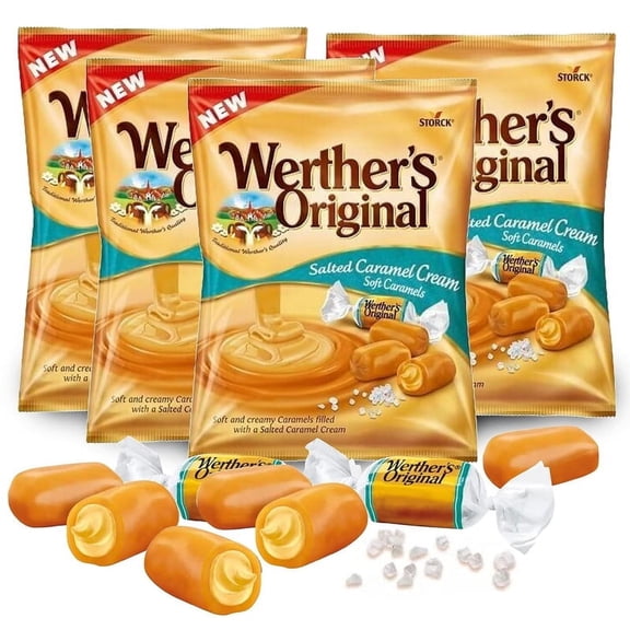 Werthers Original Salted Caramel Candy, Pack of 4 - Individually Wrapped Werther Soft Caramel, Werthers Caramel Filled Candy, Soft Chews Candy, Soft Candy, Caramel Creams, Salt Caramel