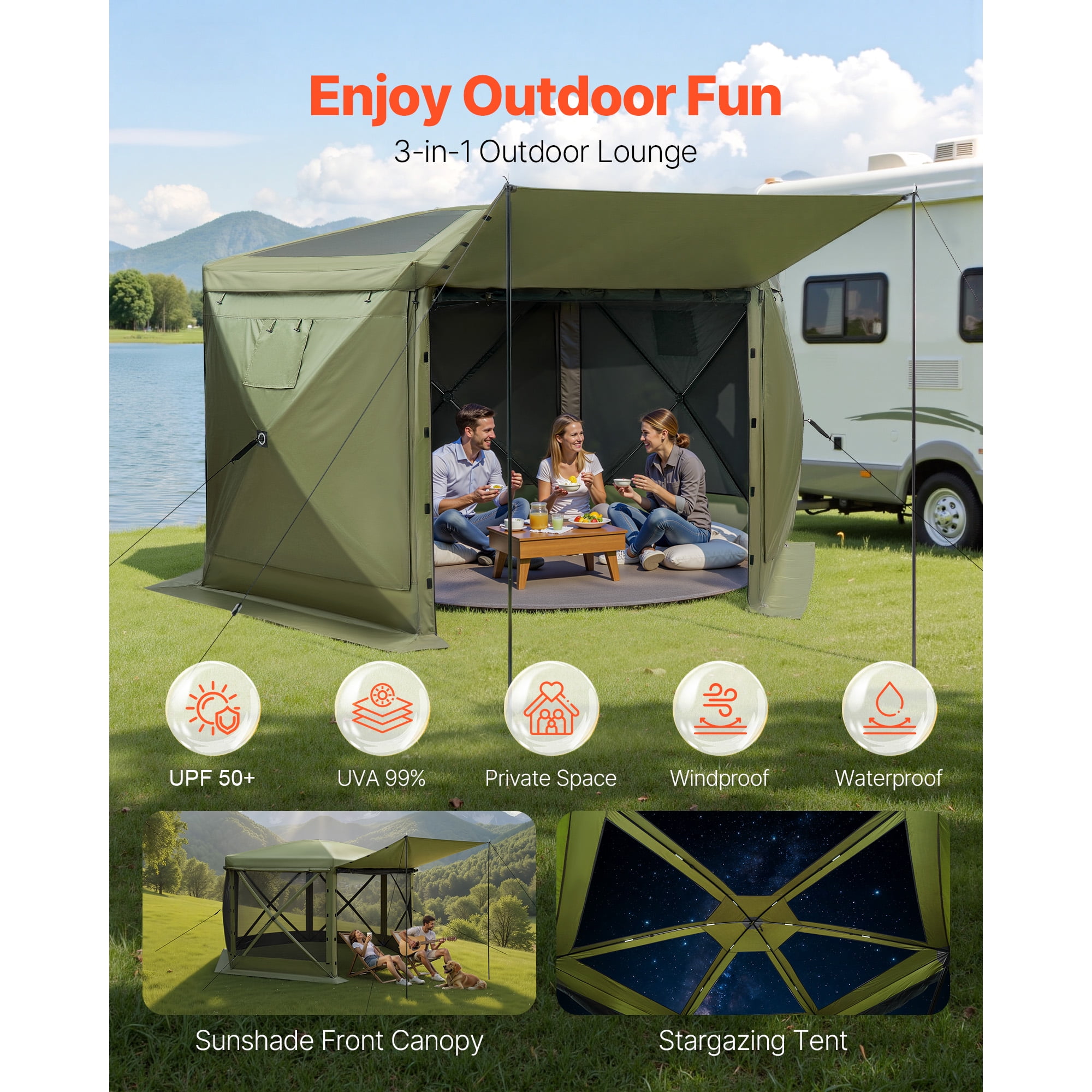 KFFKFF Pop-Up Gazebo Screen Tent, 10 x 10 ft Hexagonal Camping Canopy with Detachable Roof & Carry Bag, Easy Setup & Insect-Resistant, Screened Sun Shelter for 6-8 People, Green