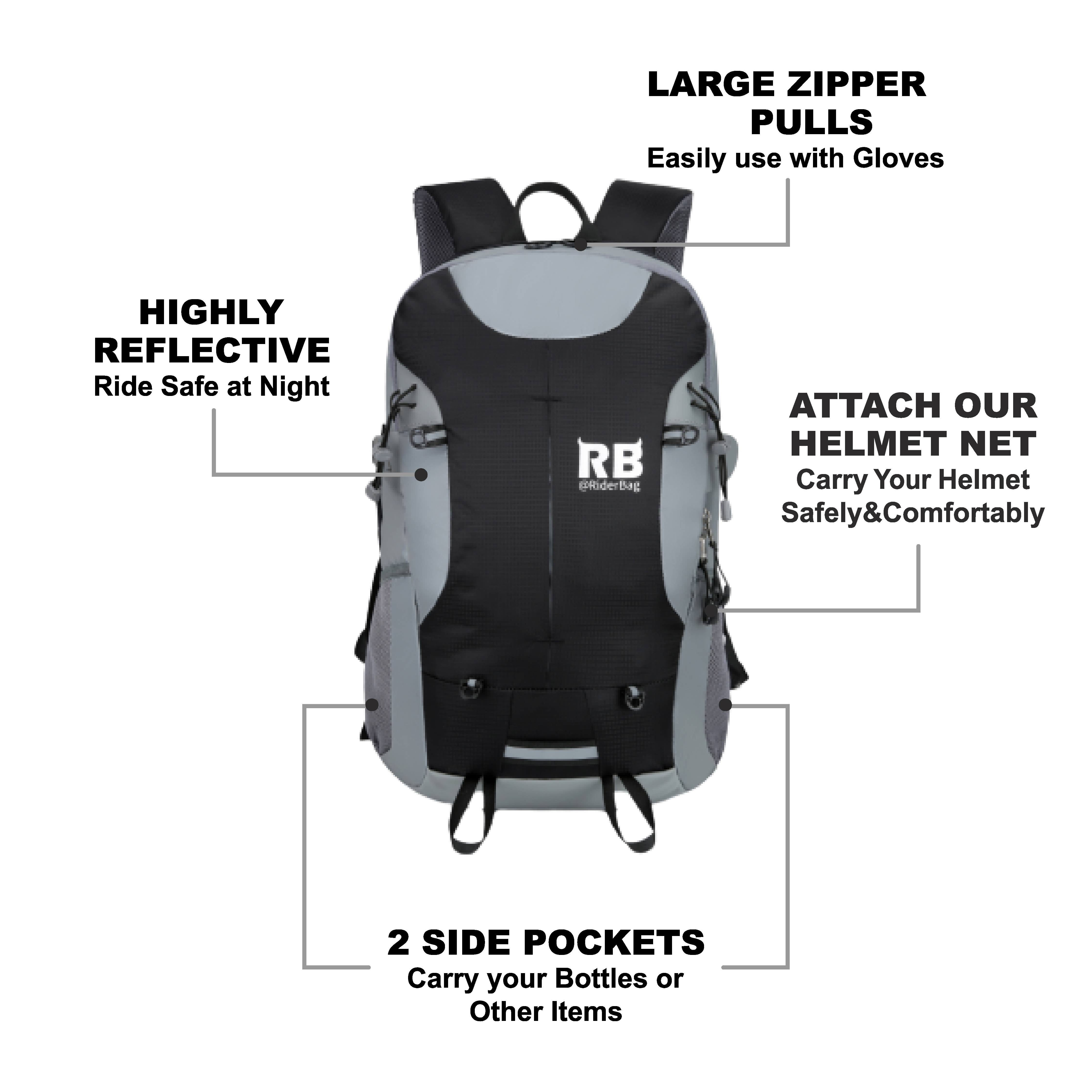Riderbag Hi Vis Reflective Bike Motorcycle Backpack Black