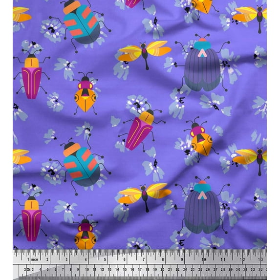 Soimoi Modal Satin Fabric Floral & Insects Clip Art Decor Fabric Printed Yard 42 Inch Wide