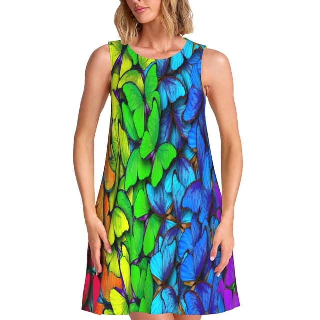 Fotbe Multicolored Butterflies Vestido de Verano sin Mangas para Mujer – Vestido Midi Línea A, Estilo Camiseta Floral, Vestido Playero Casual y Fluido