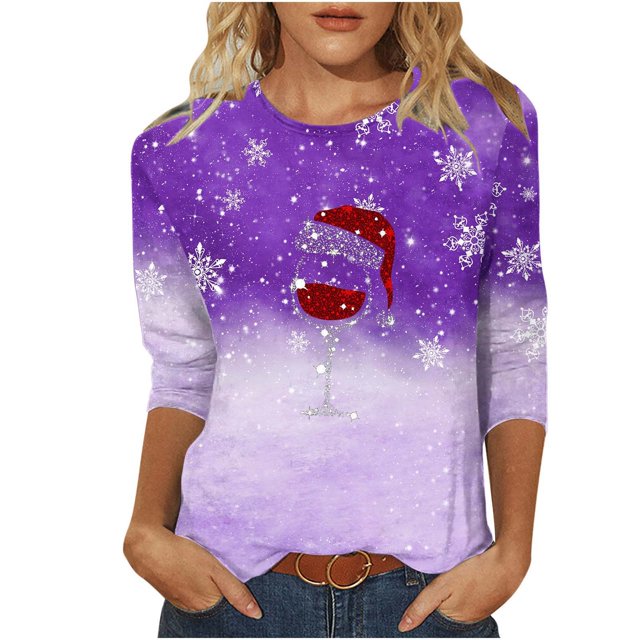 Pisexur Hauts de Noël pour Femmes Blouses Manches 3/4 T-Shirt Imprimé Verres de Vin Rouge Hauts Mode Xmas Col Rond Chandail à Enfiler Hauts Décontractés Amples T-Shirts d'Automne