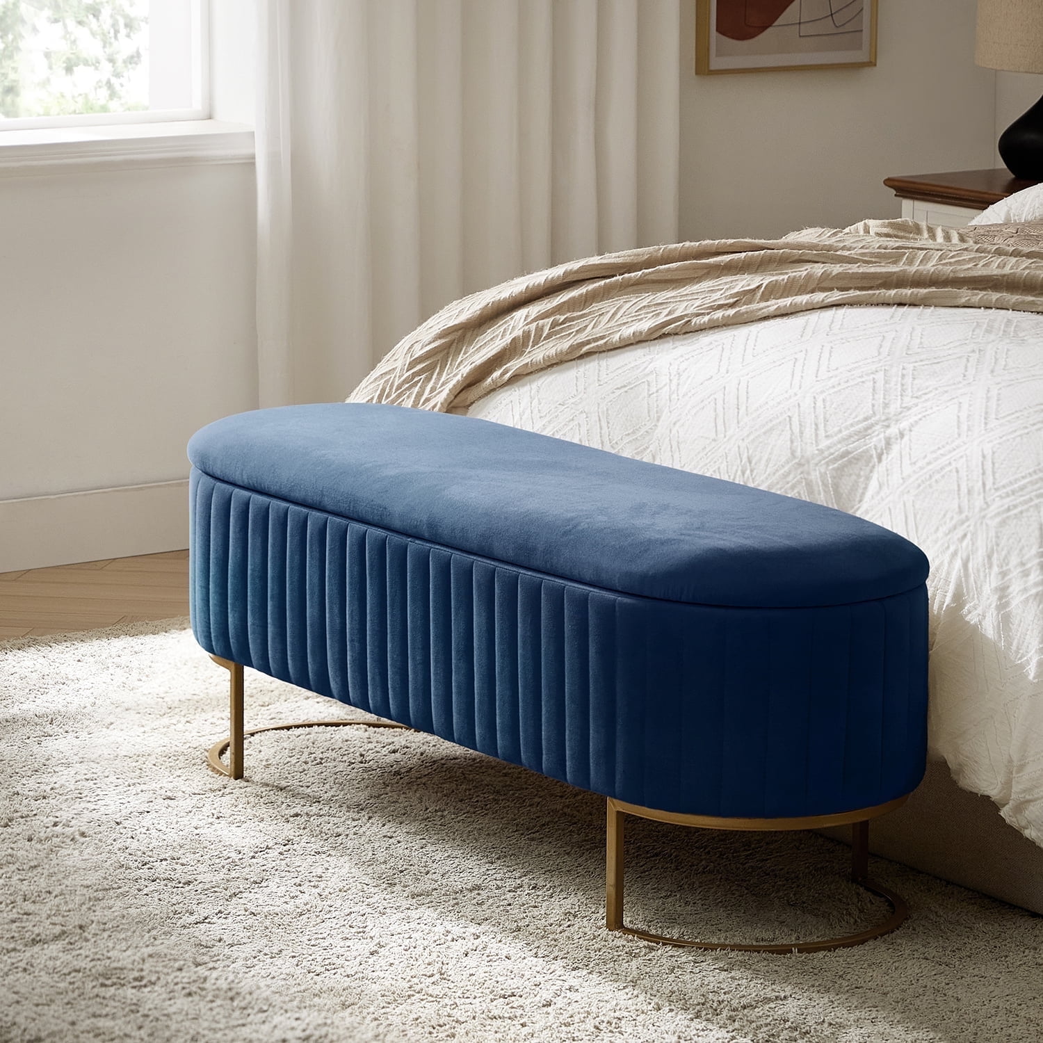 50.5" Upholstered Storage Bench For End of Bed Entryway Bedroom Ottoman Navy