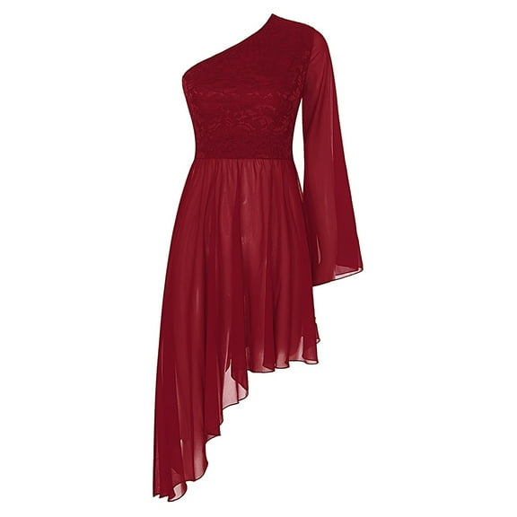 Womens Praise Dance Dresses Floral Lace Patchwork Lyrical Worship Tunic One Shoulder Flared Sleeve Liturgical