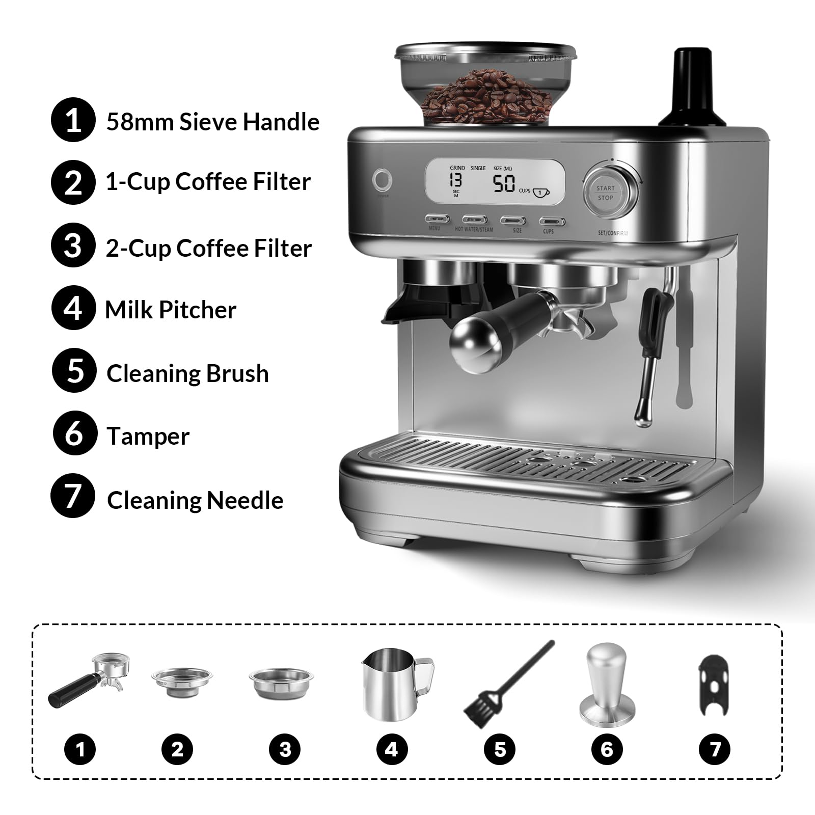 Home Semi-Automatic Espresso Machine, Stainless Steel Coffee Machine with Grinder and Steam Milk Frother, LCD Smart Screen Espresso Maker with 78 Oz Removable Water Tank