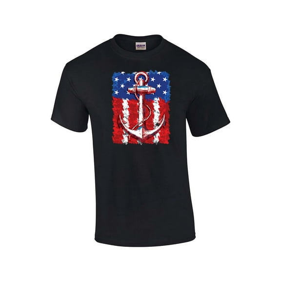 American Flag with Anchor Adult Short Sleeve T-shirt-Black-Small