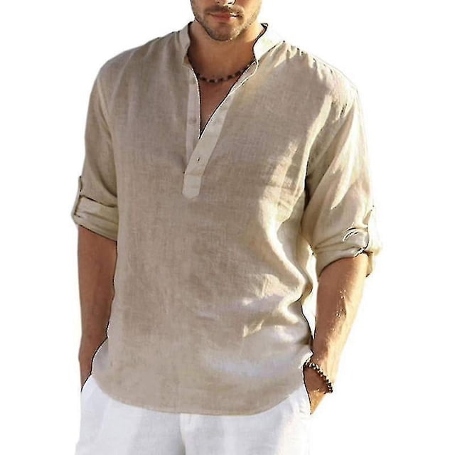 Men's Long Sleeved Linen Shirt, Cotton And Linen Casual Shirt, S-5xl Top, Brand New FreeM