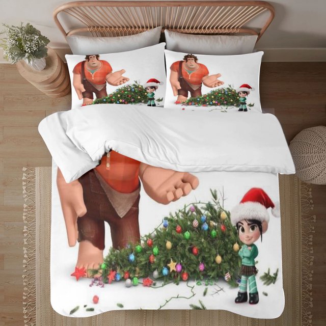 Juego de edredón navideño Wreck-It Comfort Twin para niños y adultos, regalo de 3 piezas, estampado de dibujos animados, tamaño King, funda de almohada y sábana