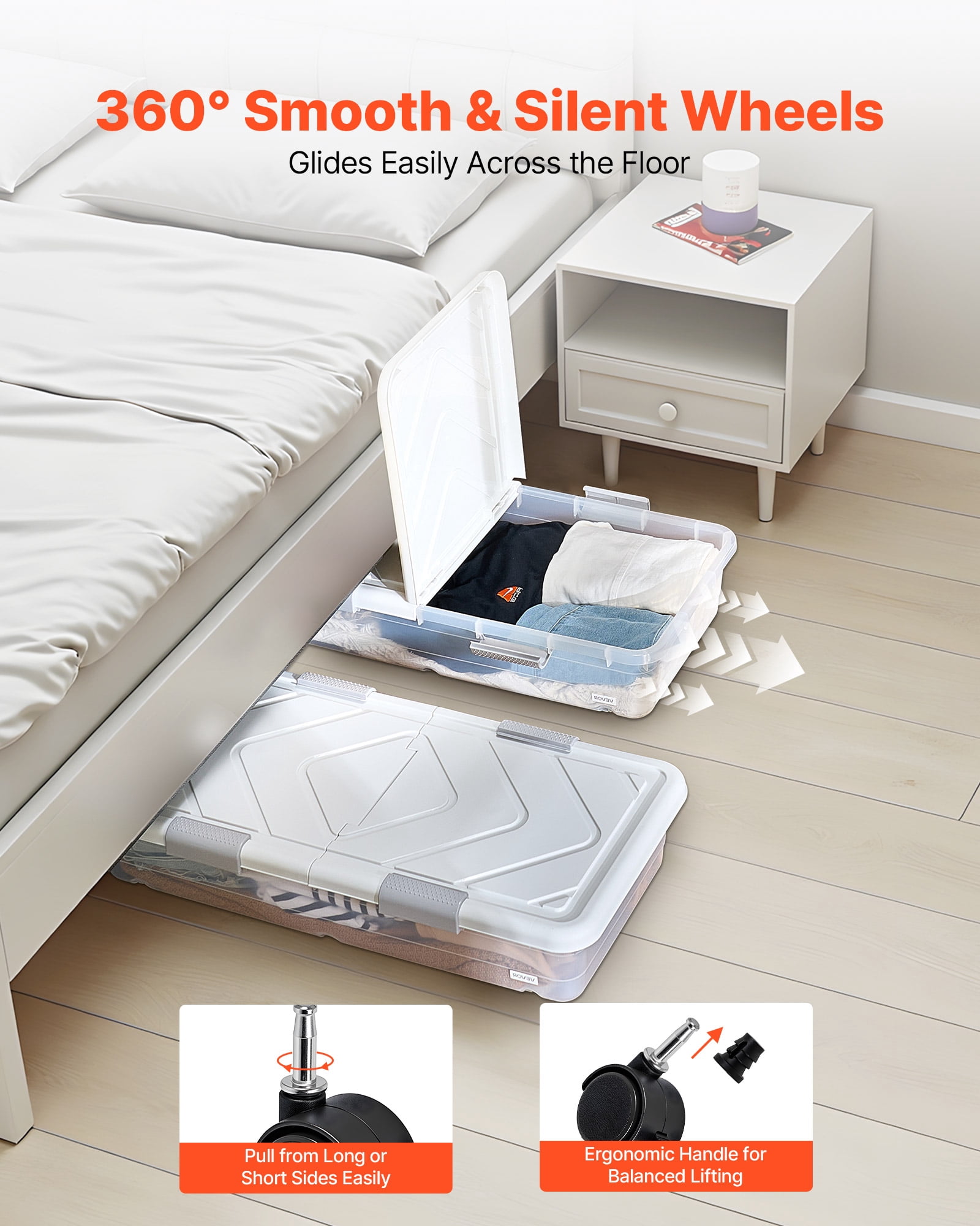 VEVOR Under Bed Storage with Wheels, 31.7 x 15.6 x 6.9 inch Underbed Containers, Underbed Shoes Organizer with Lid & Gray Latch, Rolling Under the Bed Storage Bins for Clothes Shoes Blankets, 4 Pack