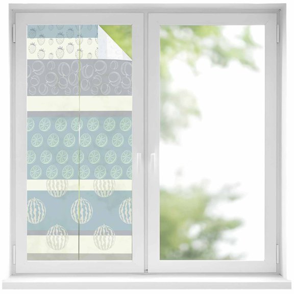 Farm Fruits Window Privacy Film, Watermelon Lemons Peach Blue Grey Striped Static Cling UV Sun Blocking Heat Control Window Tint Day and Night, Non-Adhesive One Way Privacy Cover 17.7''x39.3''
