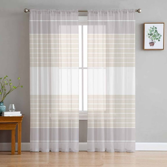 Sheer Curtains 63 Inches Long, Modern Art Horizontal Striped Light Filtering Window Curtains for Living Room/Bedroom, Gray Beige Stripe Rod Pocket Voile Sheer Curtain Drapes, 52"W x 63"L, 2 Panels